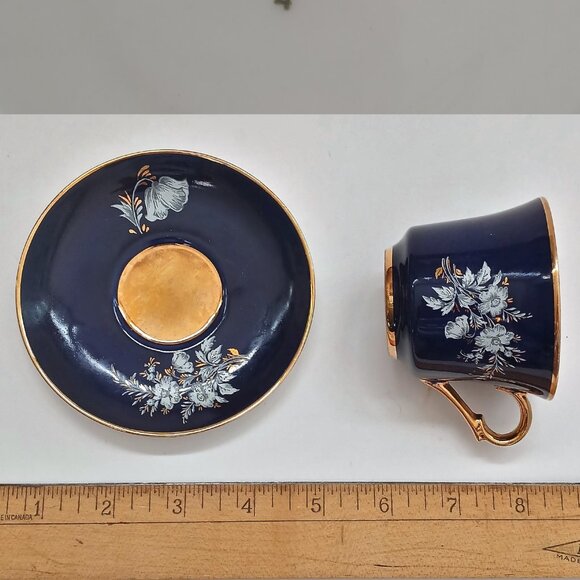 VTG Cobalt Blue Gold Interior Fine Porcelain Favolina 4 Cups & Saucers Poland - Picture 13 of 16
